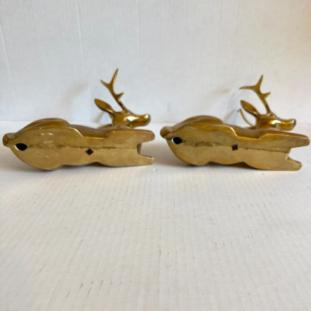 Vintage Large Solid Brass Reclining Deer Figurines Set of 2 MCM Buck Statues 8